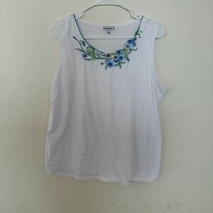 Chances R - White with Plant Design Collar Tank Top - Large